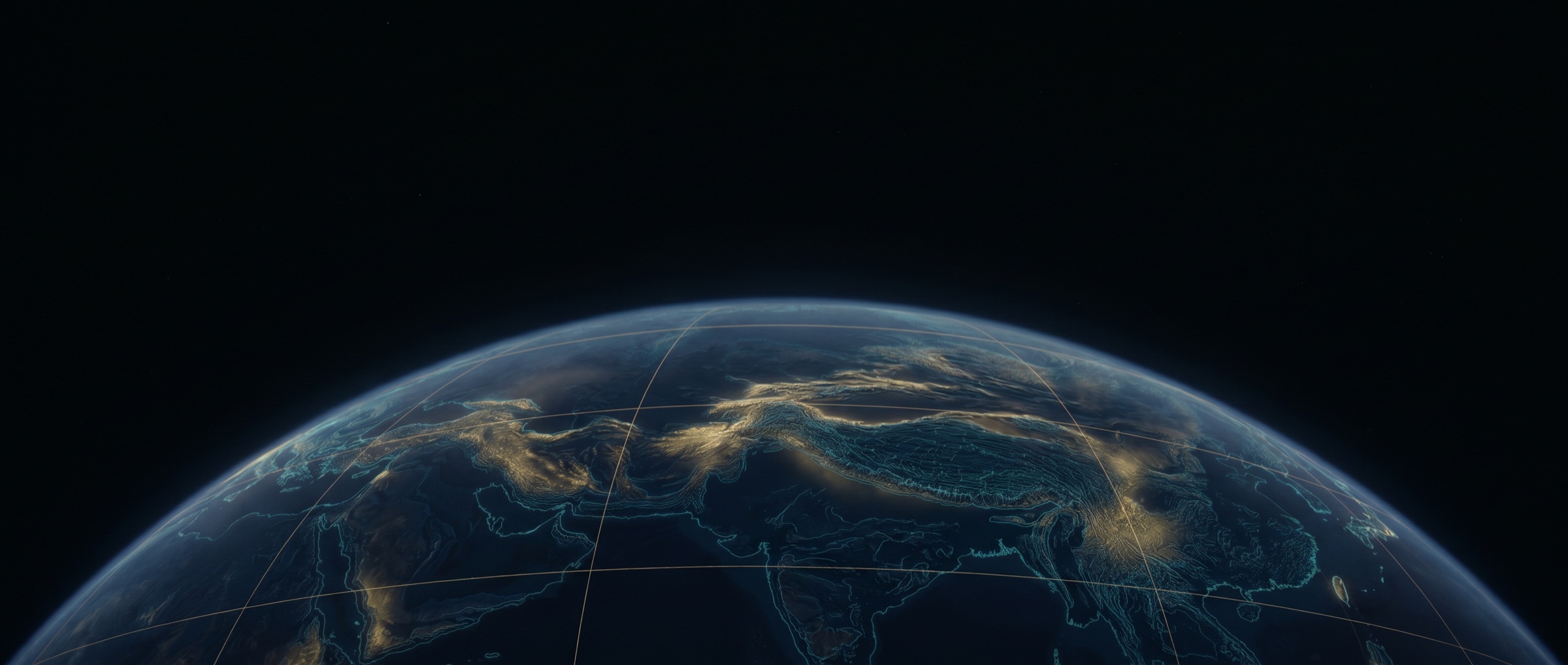 Digital Earth rendered as luminous terrain with teal contour lines and gold graticule